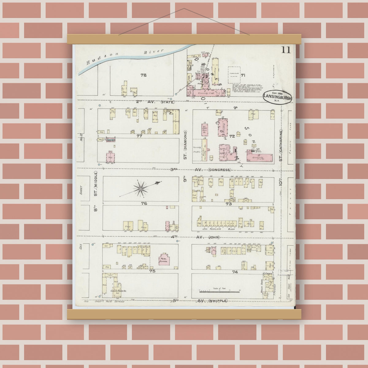 Old map wall art mockup — magnetic wood frame on brick wall — Sanborn Fire Insurance Map from Lansingburg, Rensselaer County, New York (1886), Sheet #0011