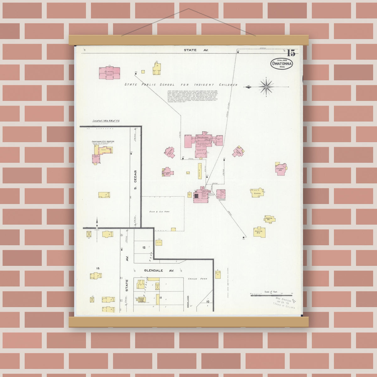 Old map wall art mockup — magnetic wood frame on brick wall — Sanborn Fire Insurance Map from Owatonna, Steele County, Minnesota (1909), Sheet #0015