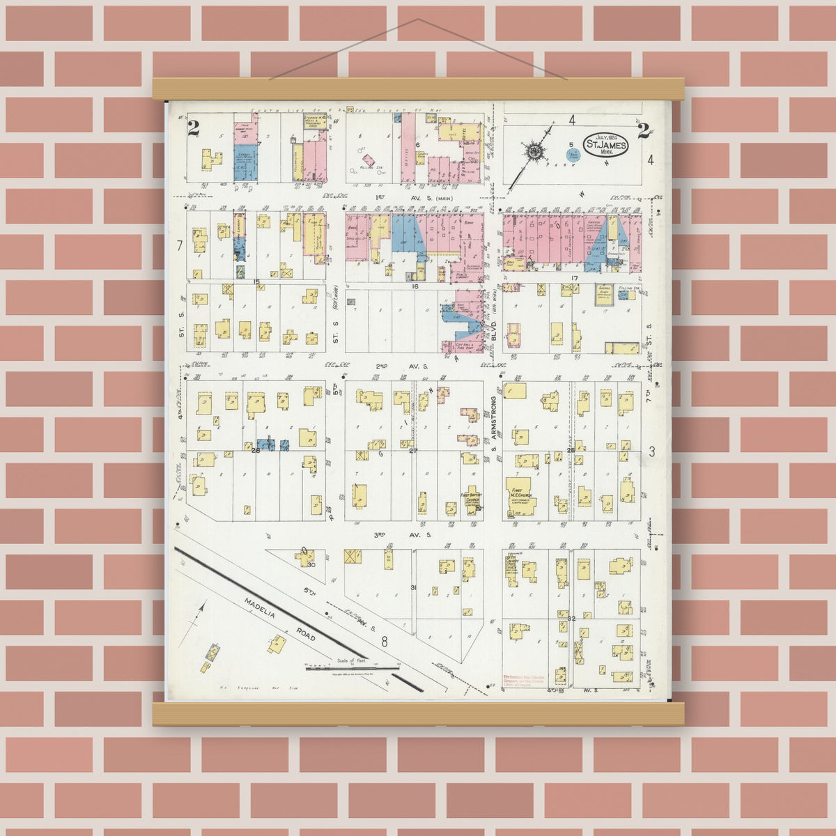 Old map wall art mockup — magnetic wood frame on brick wall — Sanborn Fire Insurance Map from Saint James, Watonwan County, Minnesota (1924), Sheet #0002