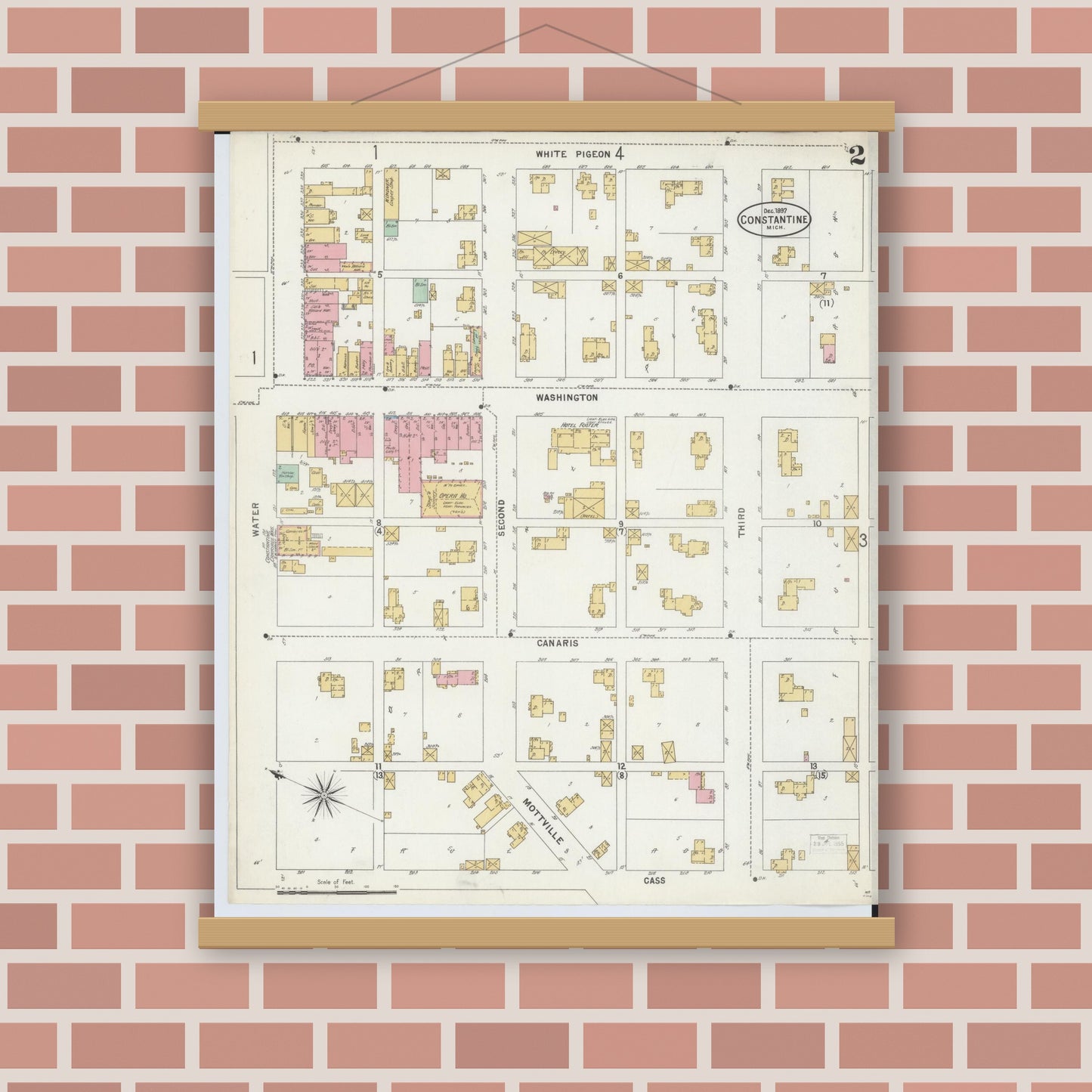 Old map wall art mockup — magnetic wood frame on brick wall — Sanborn Fire Insurance Map from Constantine, Saint Joseph County, Michigan (1897), Sheet #0002