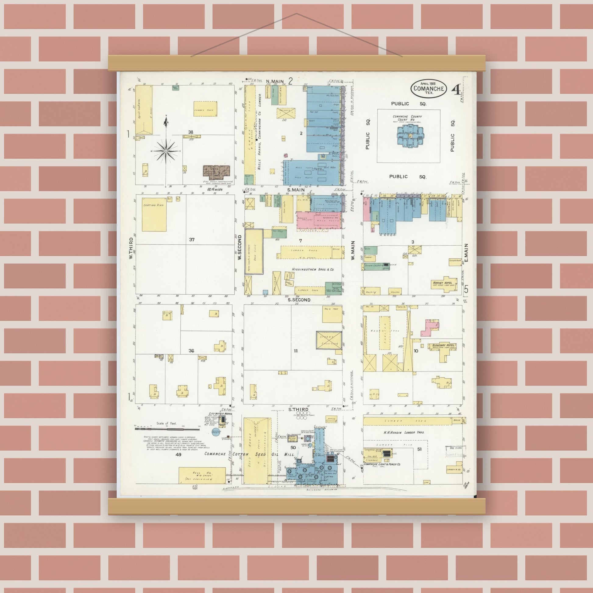 Old map wall art mockup — magnetic wood frame on brick wall — Sanborn Fire Insurance Map from Comanche, Comanche County, Texas (1908), Sheet #0004