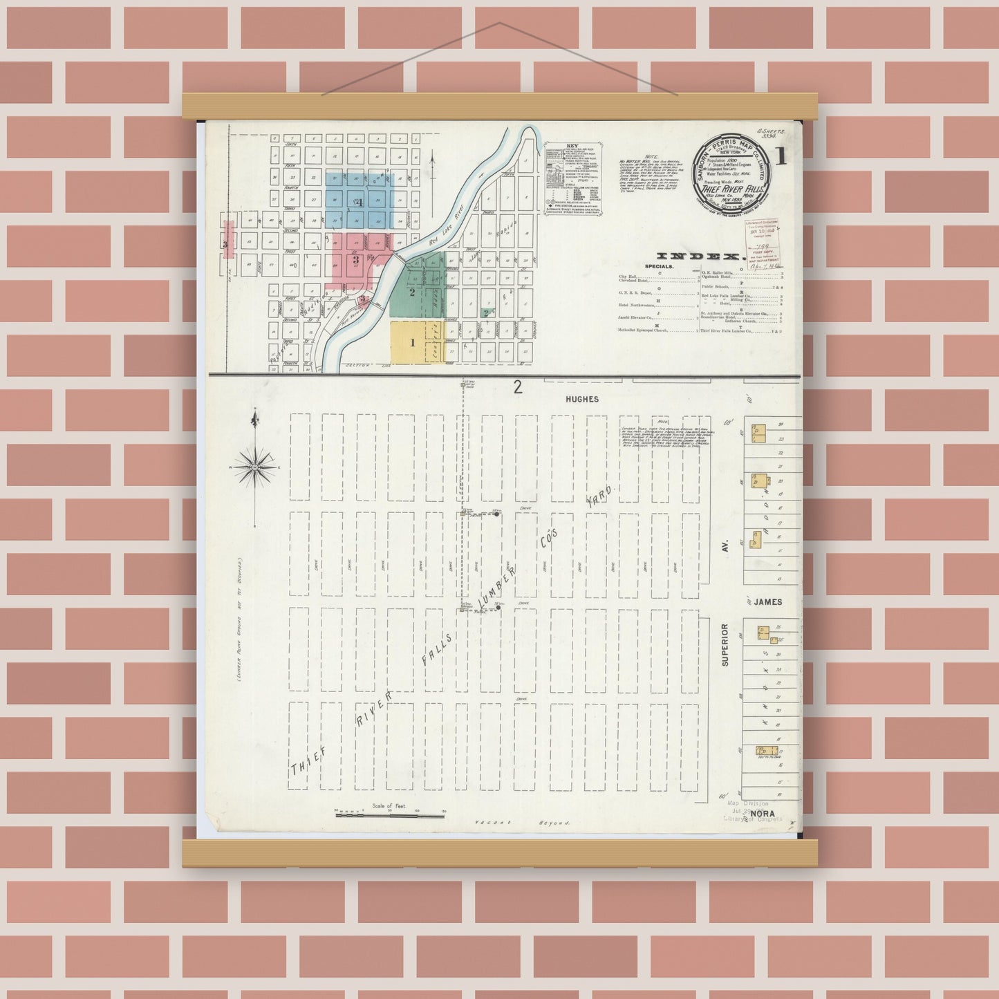 Old map wall art mockup — magnetic wood frame on brick wall — Sanborn Fire Insurance Map from Thief River Falls, Pennington County, Minnesota (1899) - Complete Map Set