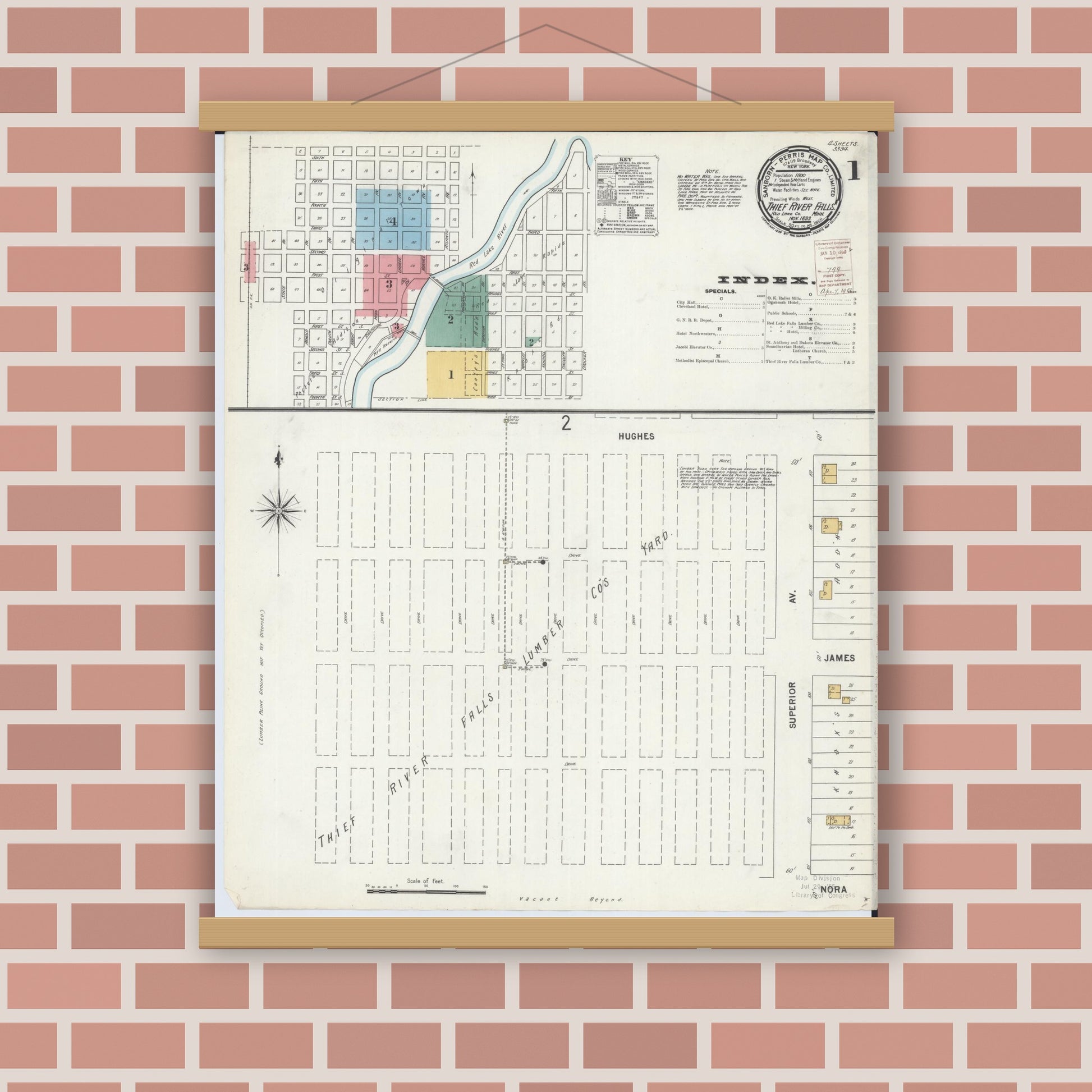 Old map wall art mockup — magnetic wood frame on brick wall — Sanborn Fire Insurance Map from Thief River Falls, Pennington County, Minnesota (1899) - Complete Map Set