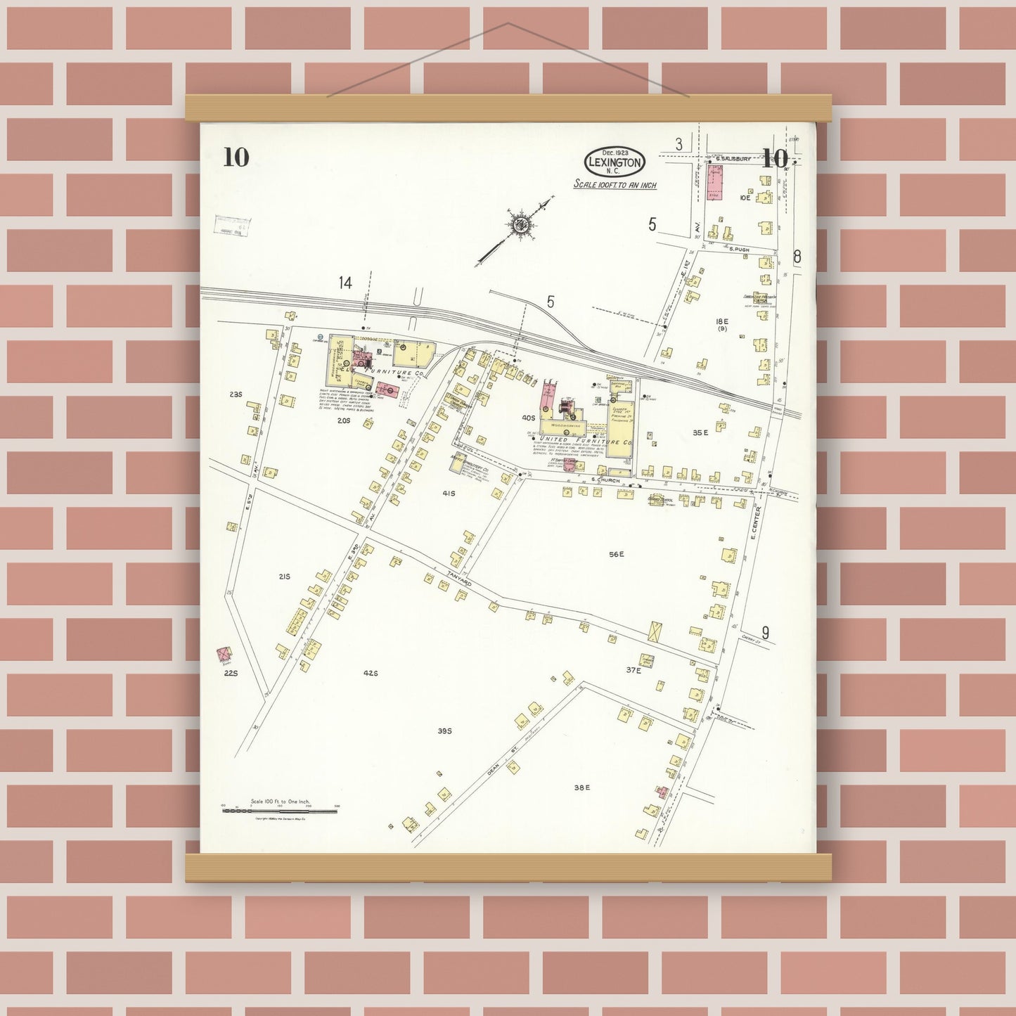 Old map wall art mockup — magnetic wood frame on brick wall — Sanborn Fire Insurance Map from Lexington, Davidson County, North Carolina (1923), Sheet #0010