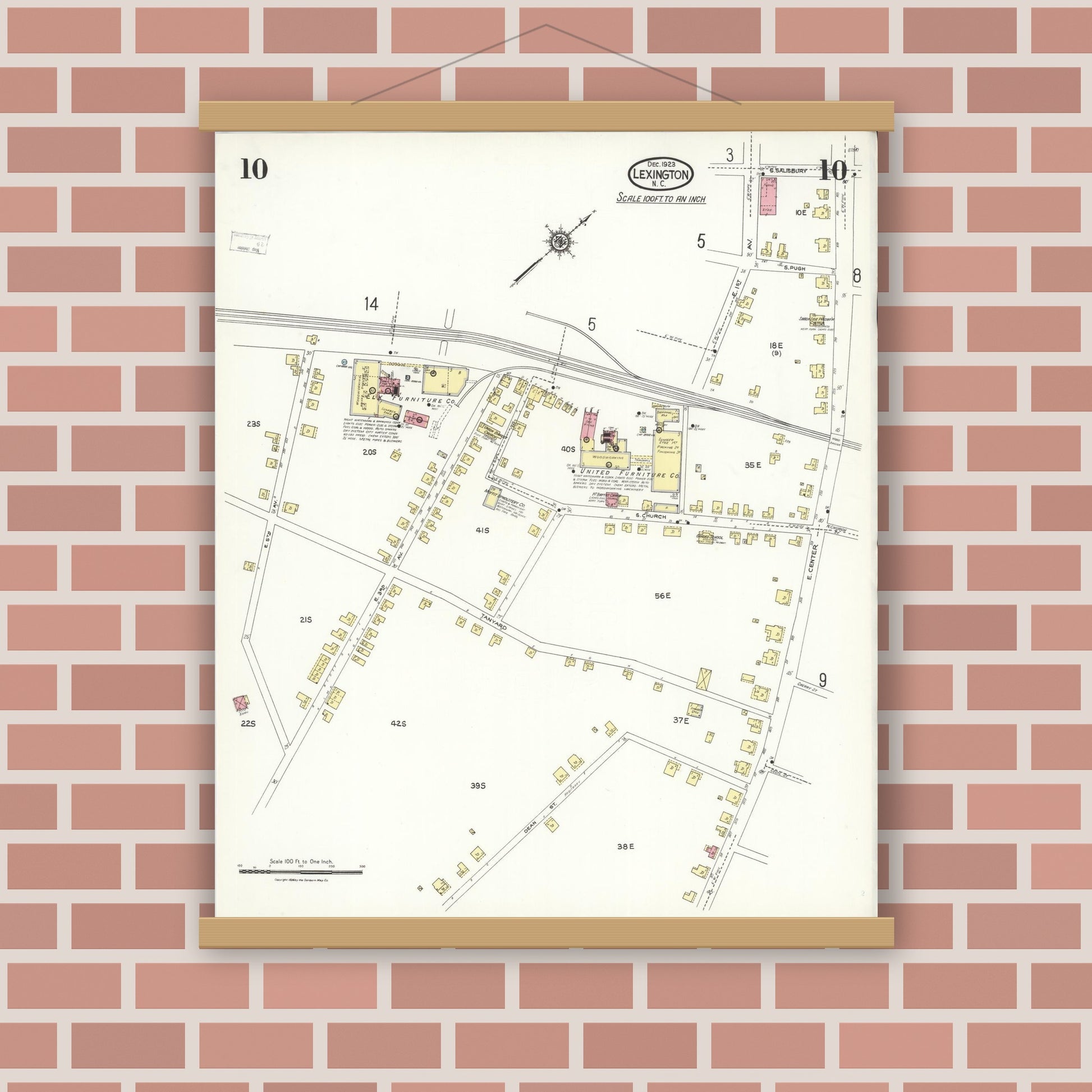 Old map wall art mockup — magnetic wood frame on brick wall — Sanborn Fire Insurance Map from Lexington, Davidson County, North Carolina (1923), Sheet #0010