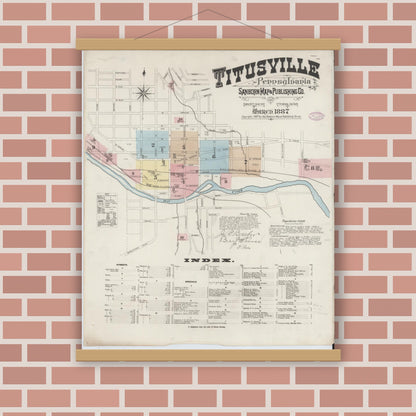 Old map wall art mockup — magnetic wood frame on brick wall — Sanborn Fire Insurance Map from Titusville, Crawford County, Pennsylvania (1887), Sheet #0001