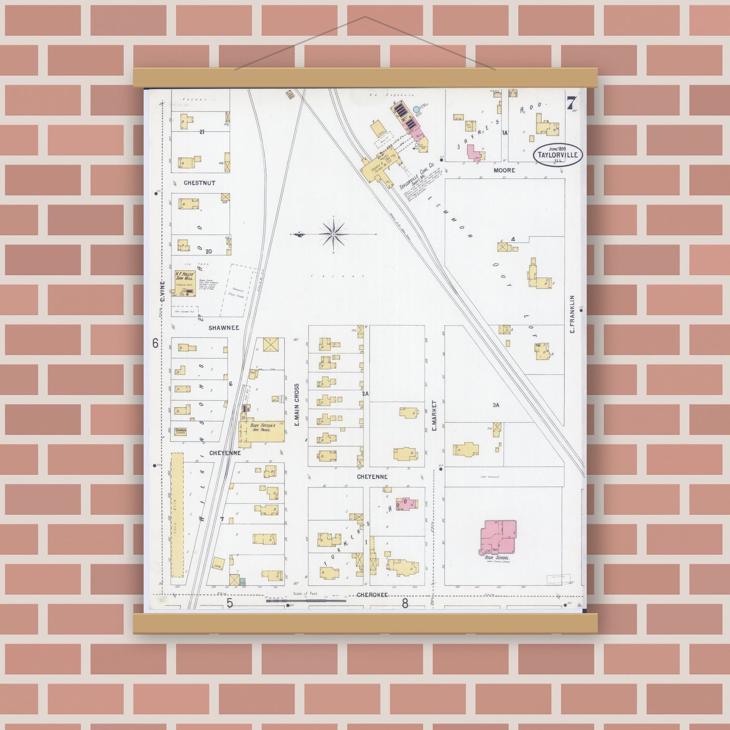 Old map wall art mockup — magnetic wood frame on brick wall — Sanborn Fire Insurance Map from Taylorville, Christian County, Illinois (1899), Sheet #0007