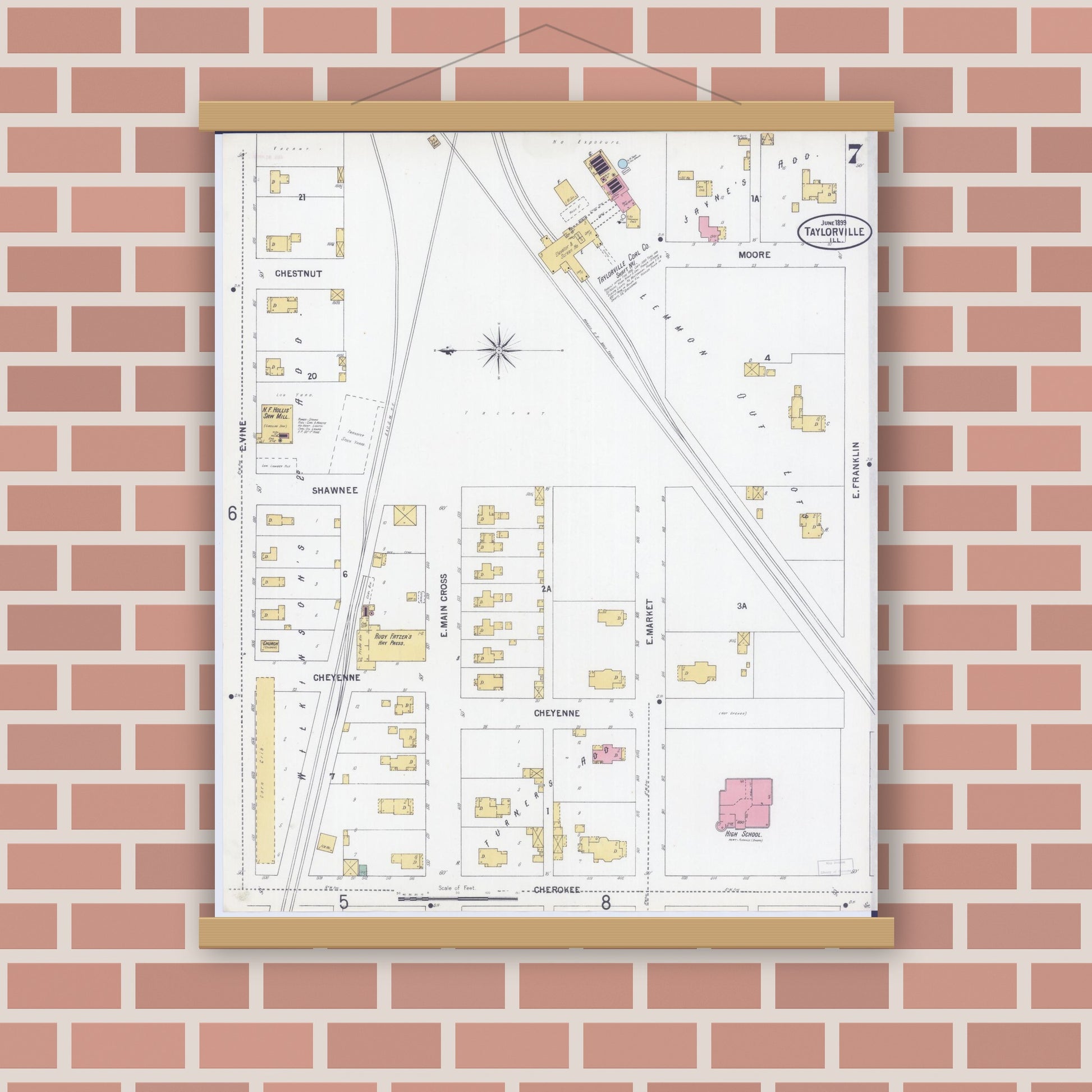 Old map wall art mockup — magnetic wood frame on brick wall — Sanborn Fire Insurance Map from Taylorville, Christian County, Illinois (1899), Sheet #0007