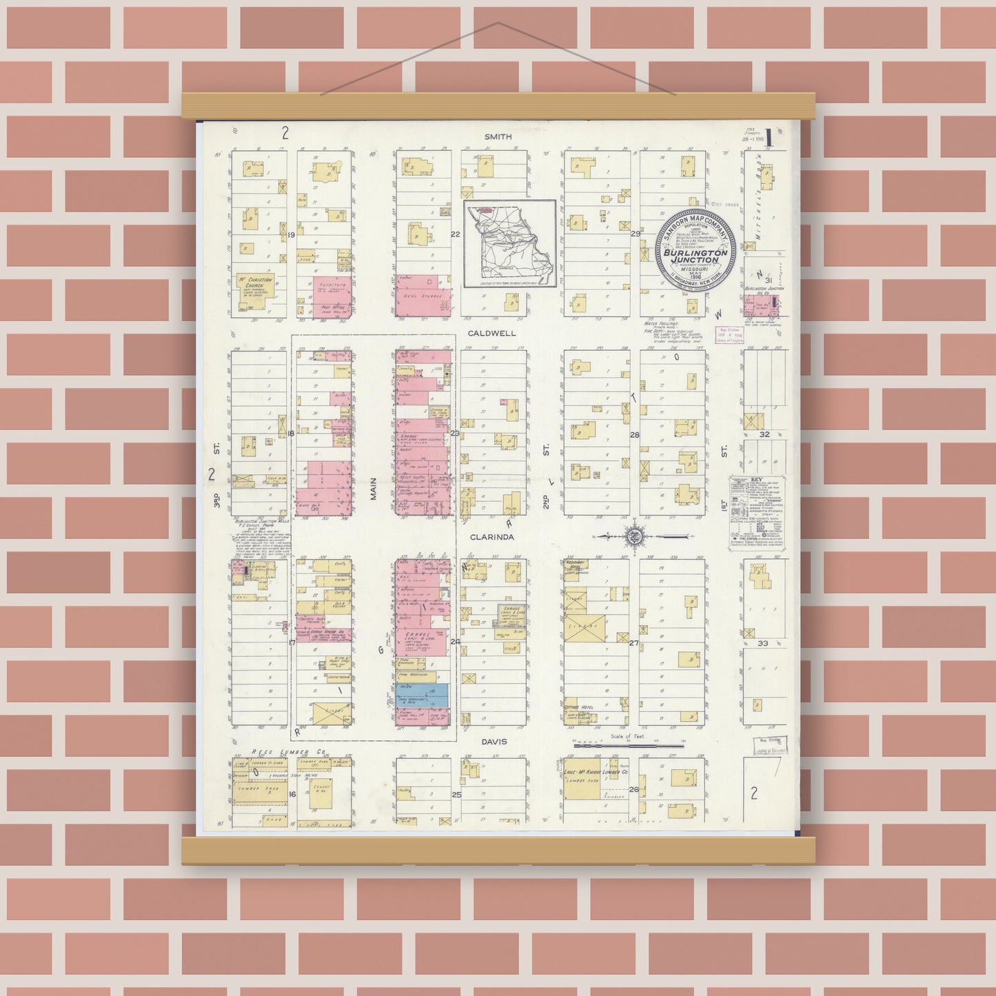 Old map wall art mockup — magnetic wood frame on brick wall — Sanborn Fire Insurance Map from Burlington Junction, Nodaway County, Missouri (1916) - Complete Map Set
