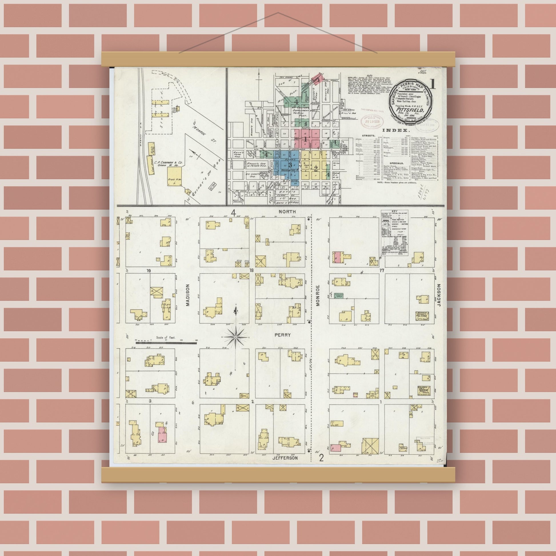 Old map wall art mockup — magnetic wood frame on brick wall — Sanborn Fire Insurance Map from Pittsfield, Pike County, Illinois (1898) - Complete Map Set