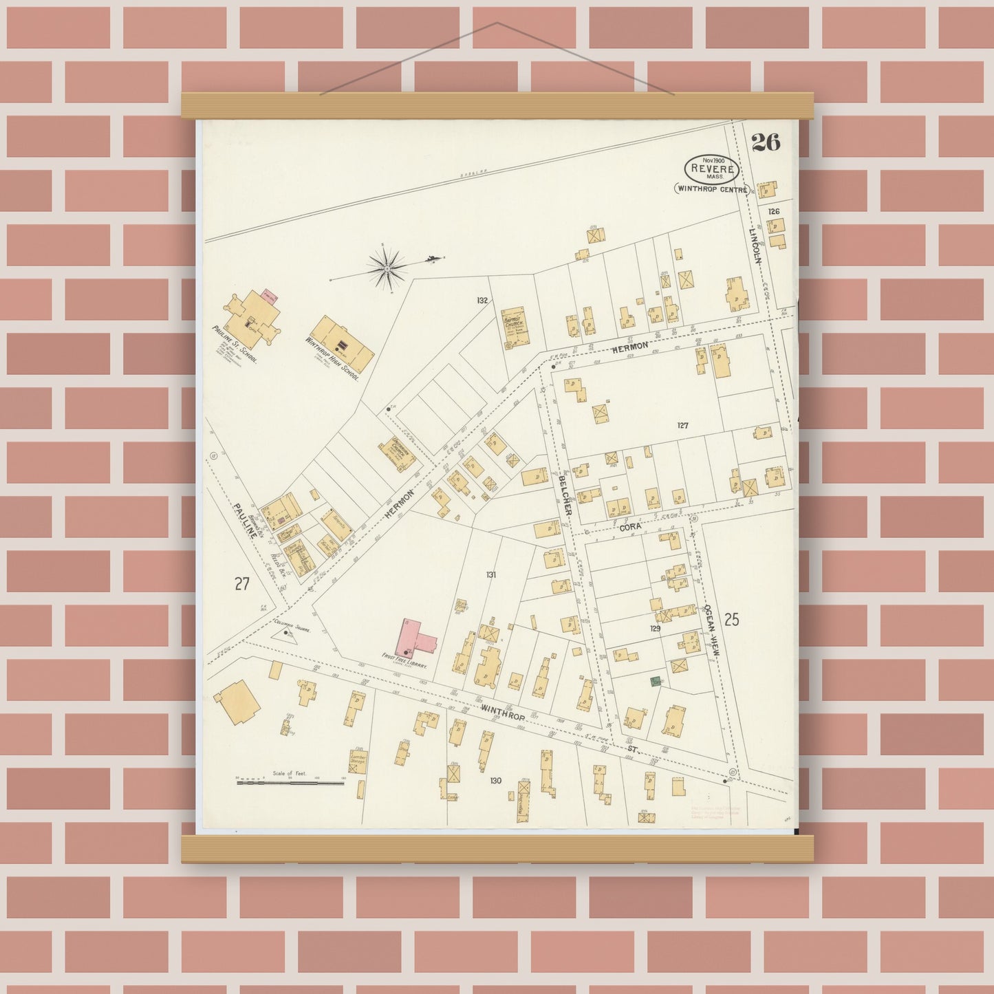 Old map wall art mockup — magnetic wood frame on brick wall — Sanborn Fire Insurance Map from Revere, Suffolk County, Massachusetts (1900), Sheet #0026