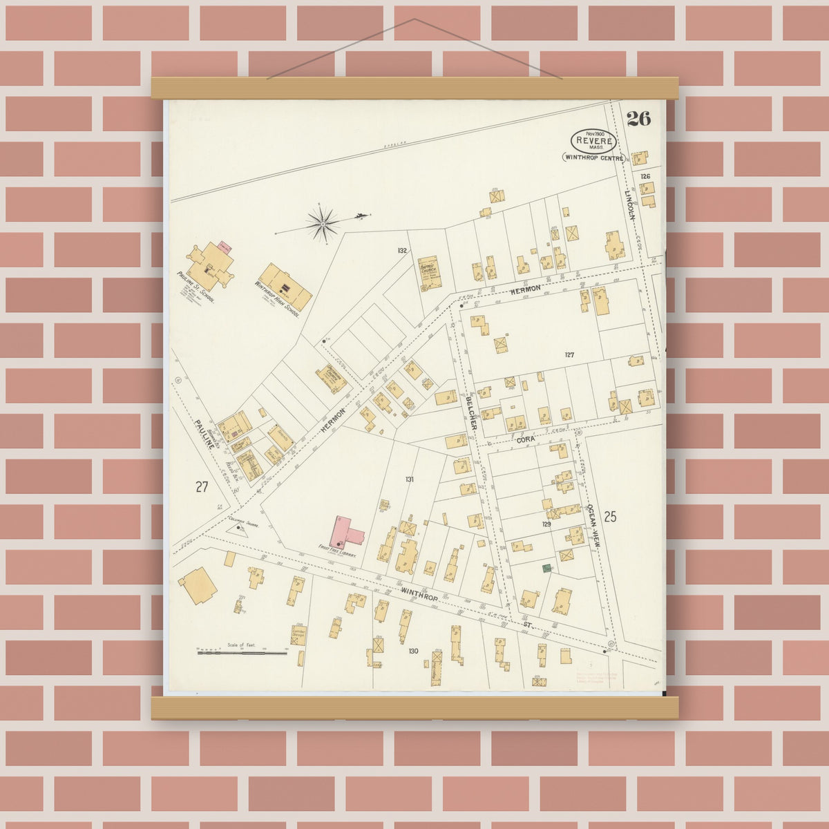 Old map wall art mockup — magnetic wood frame on brick wall — Sanborn Fire Insurance Map from Revere, Suffolk County, Massachusetts (1900), Sheet #0026