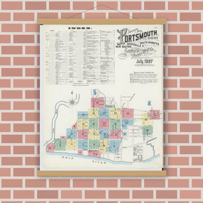 Old map wall art mockup — magnetic wood frame on brick wall — Sanborn Fire Insurance Map from Portsmouth, Scioto County, Ohio (1897), Sheet #0001