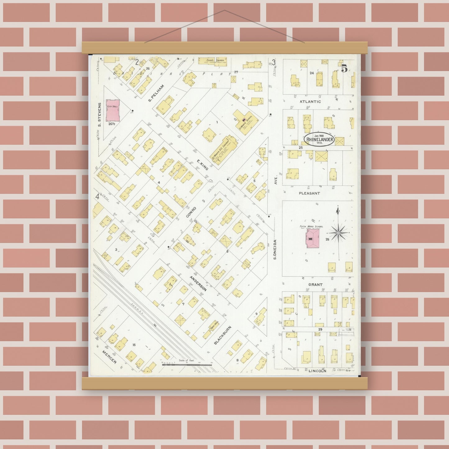 Old map wall art mockup — magnetic wood frame on brick wall — Sanborn Fire Insurance Map from Rhinelander, Oneida County, Wisconsin (1908), Sheet #0005