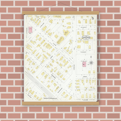 Old map wall art mockup — magnetic wood frame on brick wall — Sanborn Fire Insurance Map from Rhinelander, Oneida County, Wisconsin (1908), Sheet #0005