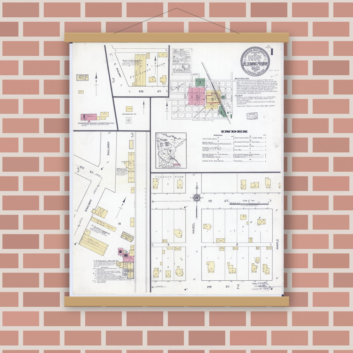 Old map wall art mockup — magnetic wood frame on brick wall — Sanborn Fire Insurance Map from Blooming Prairie, Steele County, Minnesota (1917), Sheet #0001