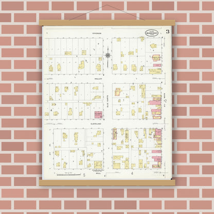Old map wall art mockup — magnetic wood frame on brick wall — Sanborn Fire Insurance Map from Winnebago, Faribault County, Minnesota (1911), Sheet #0003