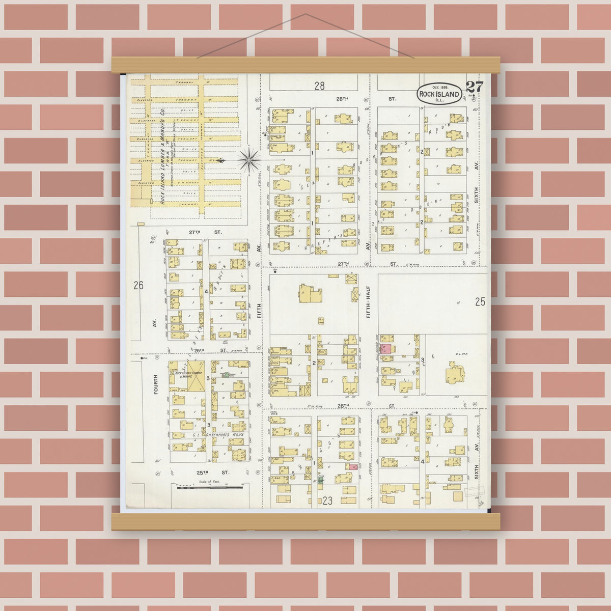 Old map wall art mockup — magnetic wood frame on brick wall — Sanborn Fire Insurance Map from Rock Island, Rock Island County, Illinois (1898), Sheet #0027