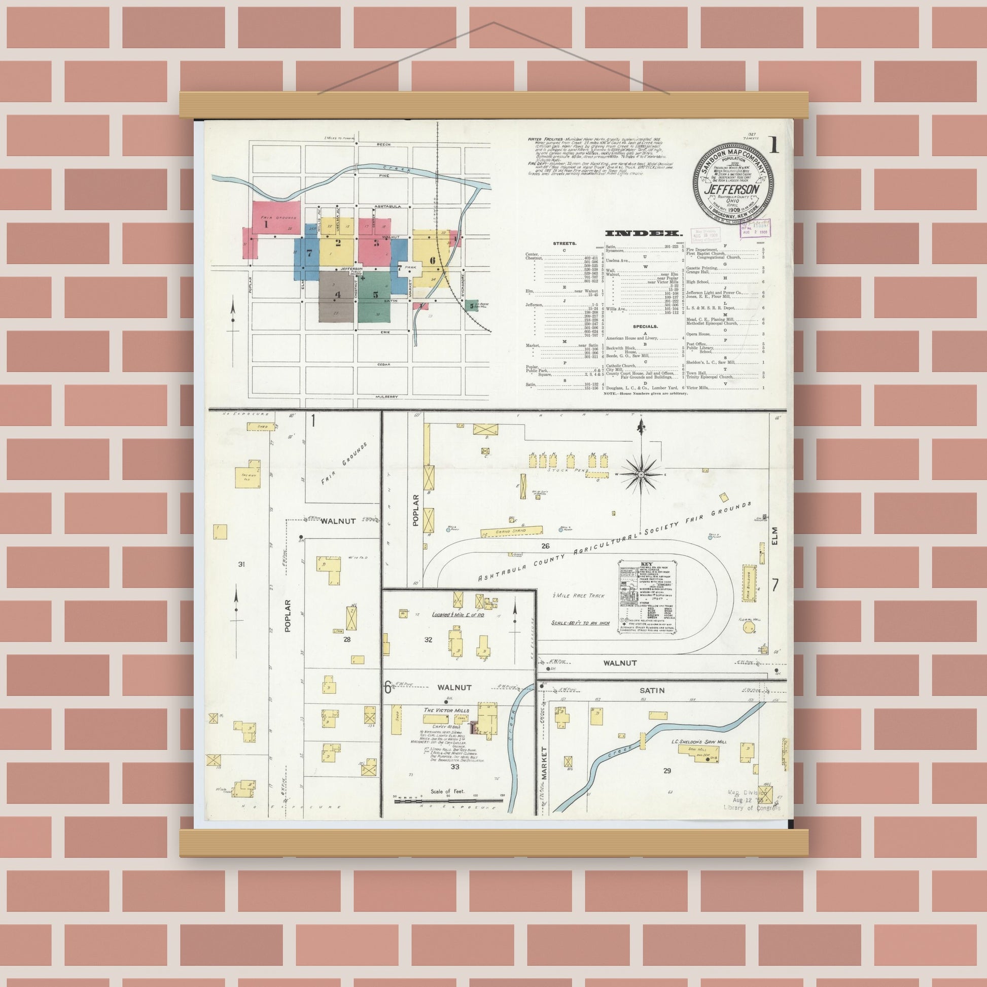 Old map wall art mockup — magnetic wood frame on brick wall — Sanborn Fire Insurance Map from Jefferson, Ashtabula County, Ohio (1909), Sheet #0001