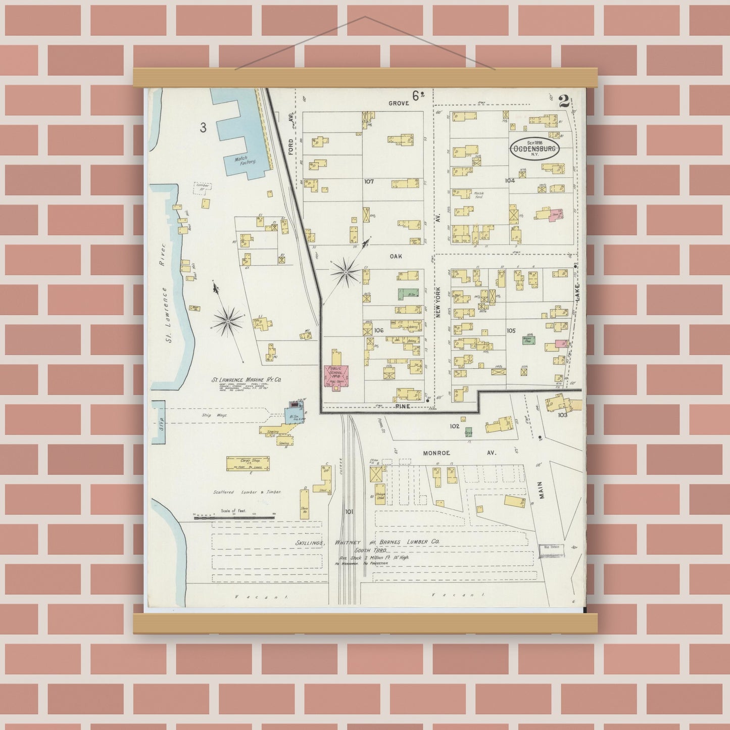 Old map wall art mockup — magnetic wood frame on brick wall — Sanborn Fire Insurance Map from Ogdensburg, St. Lawrence County, New York (1898) - Complete Map Set