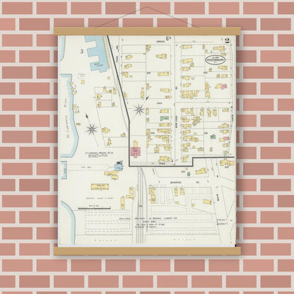 Old map wall art mockup — magnetic wood frame on brick wall — Sanborn Fire Insurance Map from Ogdensburg, St. Lawrence County, New York (1898) - Complete Map Set