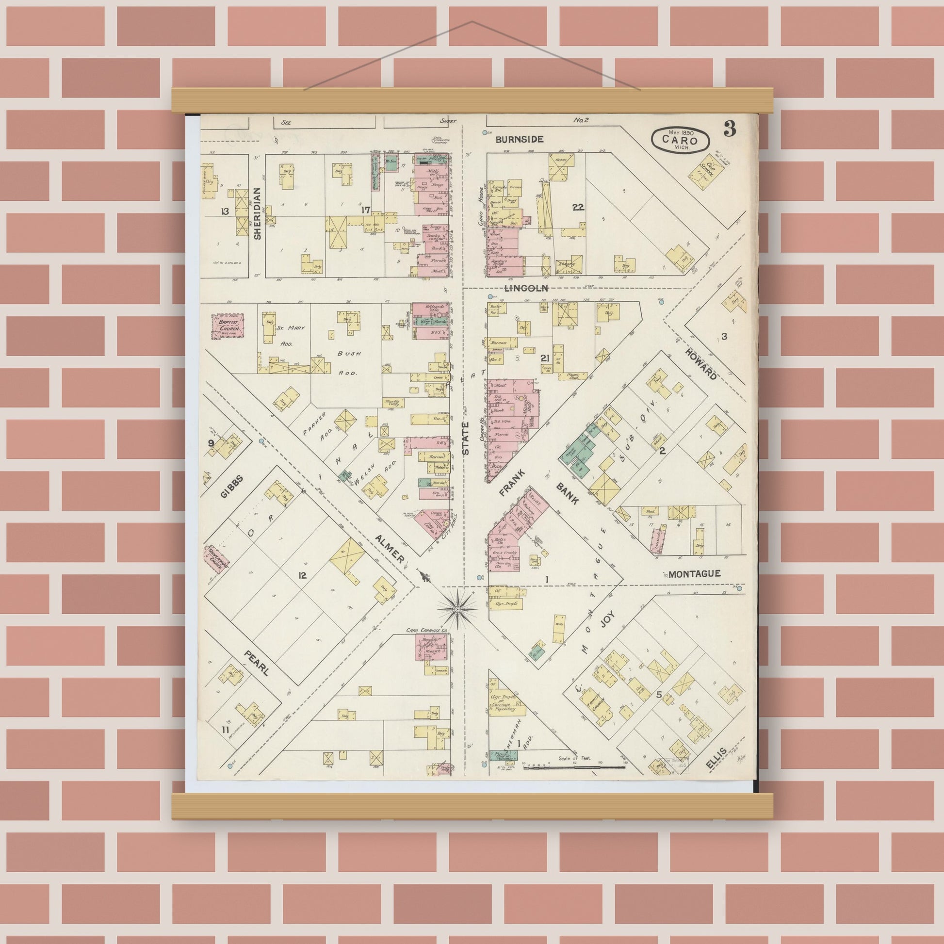 Old map wall art mockup — magnetic wood frame on brick wall — Sanborn Fire Insurance Map from Caro, Tuscola County, Michigan (1890), Sheet #0003