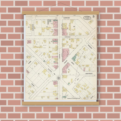 Old map wall art mockup — magnetic wood frame on brick wall — Sanborn Fire Insurance Map from Caro, Tuscola County, Michigan (1890), Sheet #0003