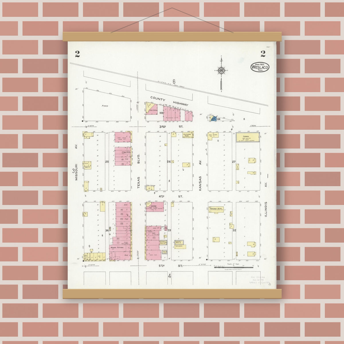 Old map wall art mockup — magnetic wood frame on brick wall — Sanborn Fire Insurance Map from Weslaco, Hidalgo County, Texas (1925), Sheet #0002