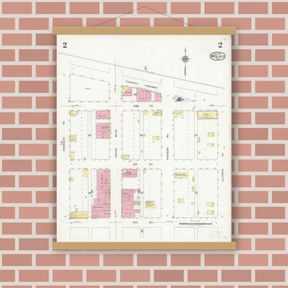 Old map wall art mockup — magnetic wood frame on brick wall — Sanborn Fire Insurance Map from Weslaco, Hidalgo County, Texas (1925), Sheet #0002