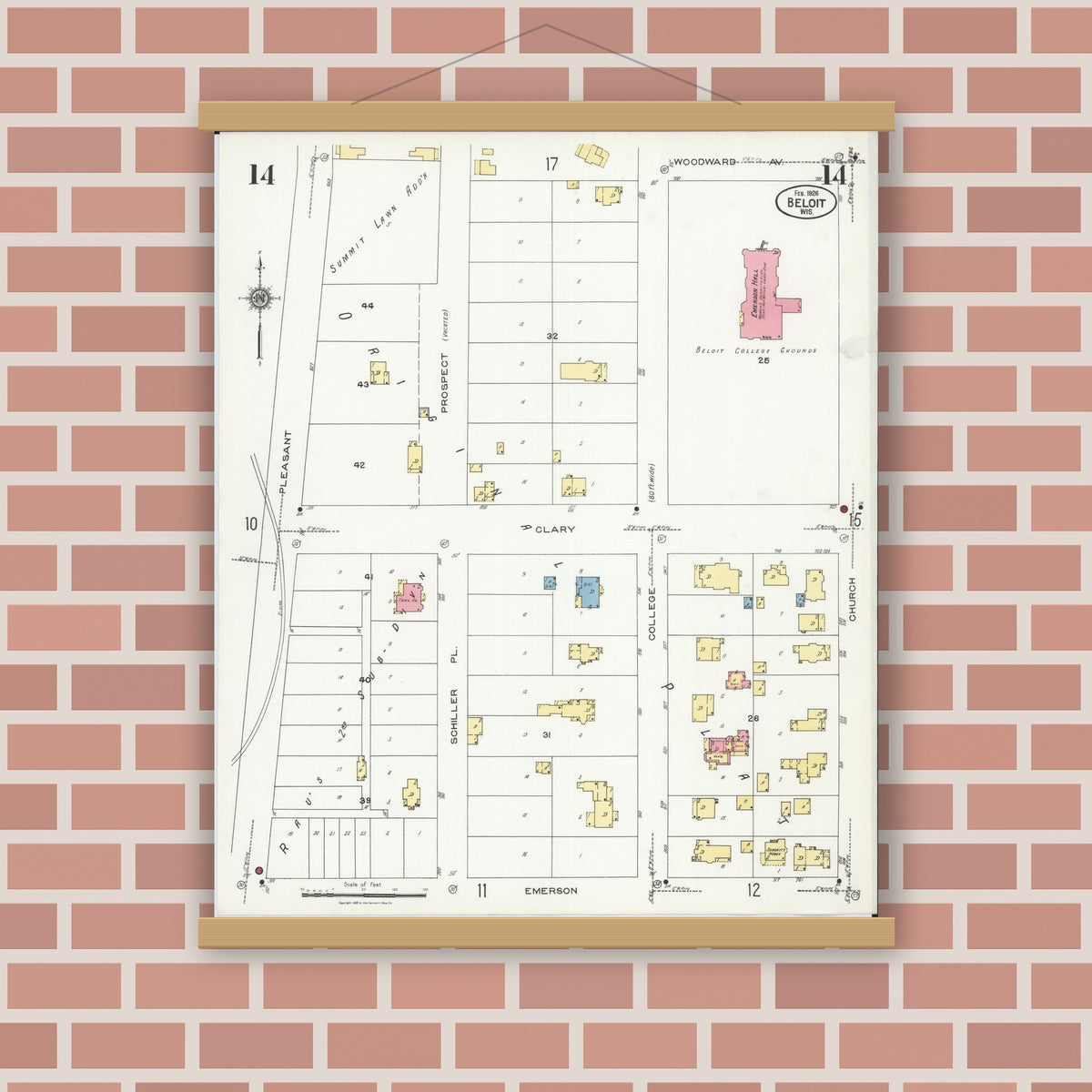 Old map wall art mockup — magnetic wood frame on brick wall — Sanborn Fire Insurance Map from Beloit, Rock County, Wisconsin (1926), Sheet #0014