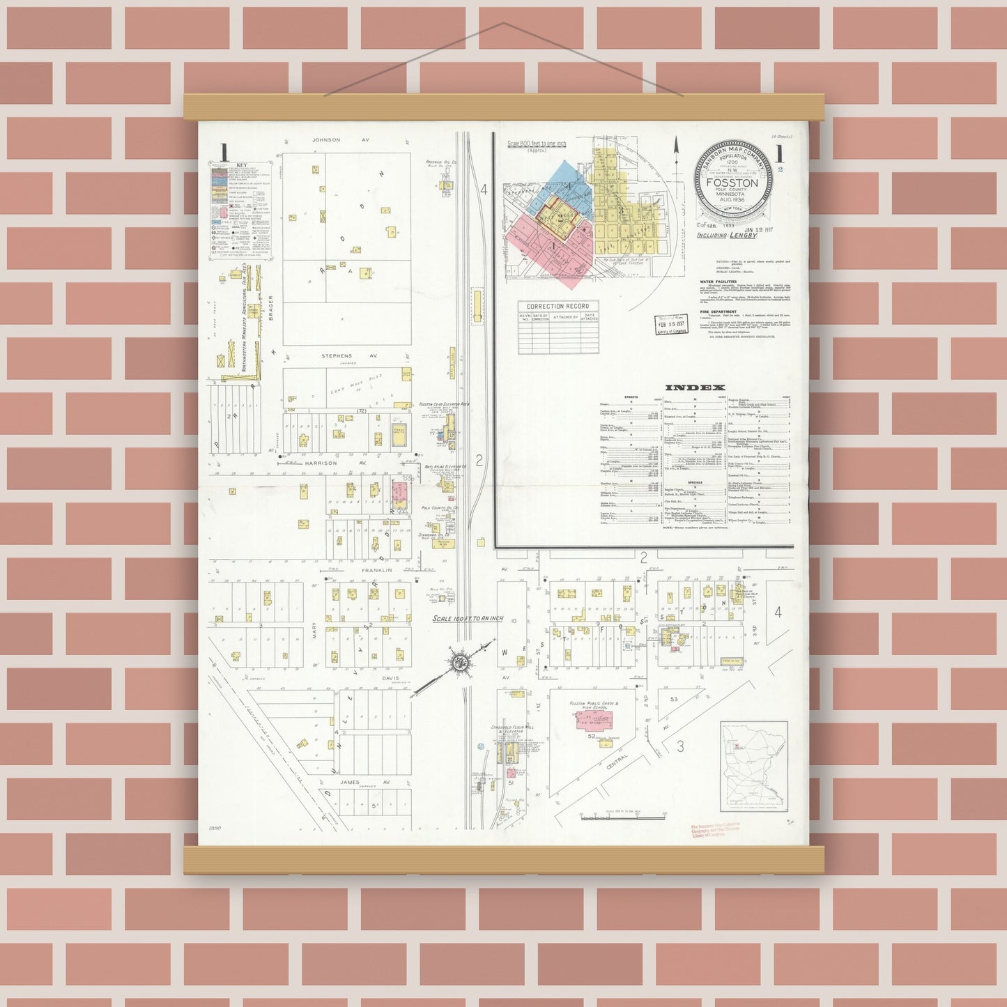 Old map wall art mockup — magnetic wood frame on brick wall — Sanborn Fire Insurance Map from Fosston, Polk County, Minnesota (1936), Sheet #0001