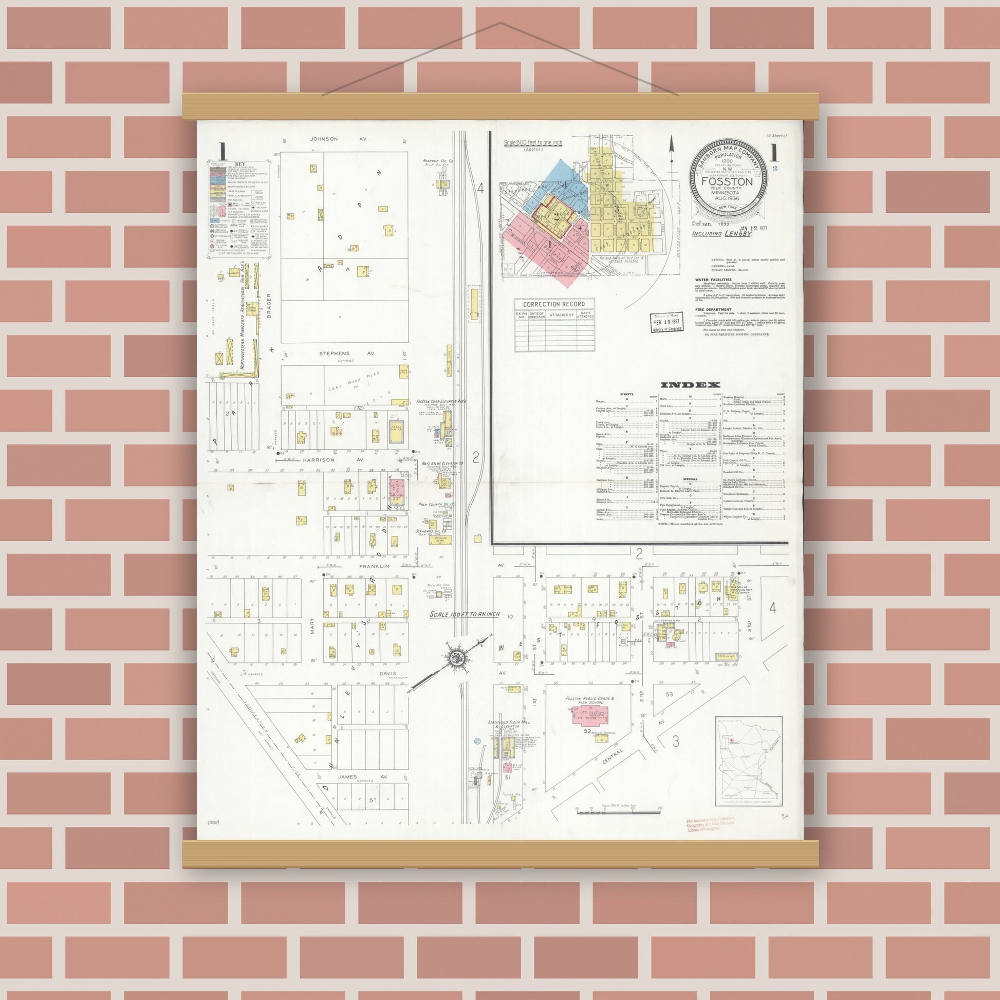 Old map wall art mockup — magnetic wood frame on brick wall — Sanborn Fire Insurance Map from Fosston, Polk County, Minnesota (1936), Sheet #0001