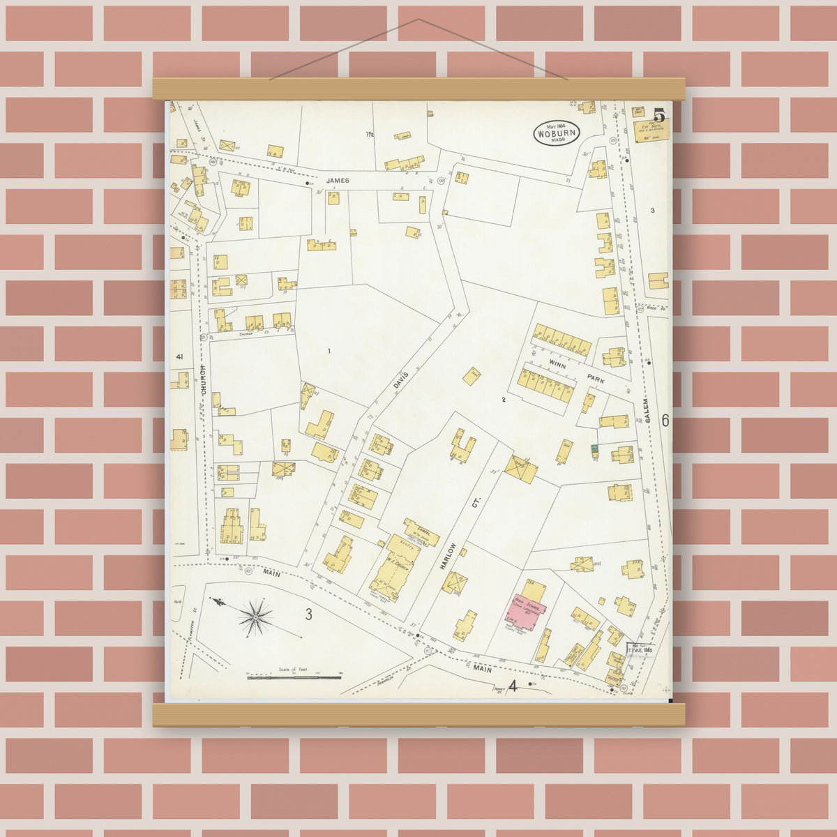 Old map wall art mockup — magnetic wood frame on brick wall — Sanborn Fire Insurance Map from Woburn, Middlesex County, Massachusetts (1904), Sheet #0005
