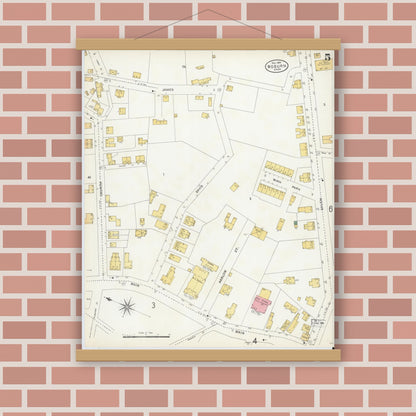 Old map wall art mockup — magnetic wood frame on brick wall — Sanborn Fire Insurance Map from Woburn, Middlesex County, Massachusetts (1904), Sheet #0005