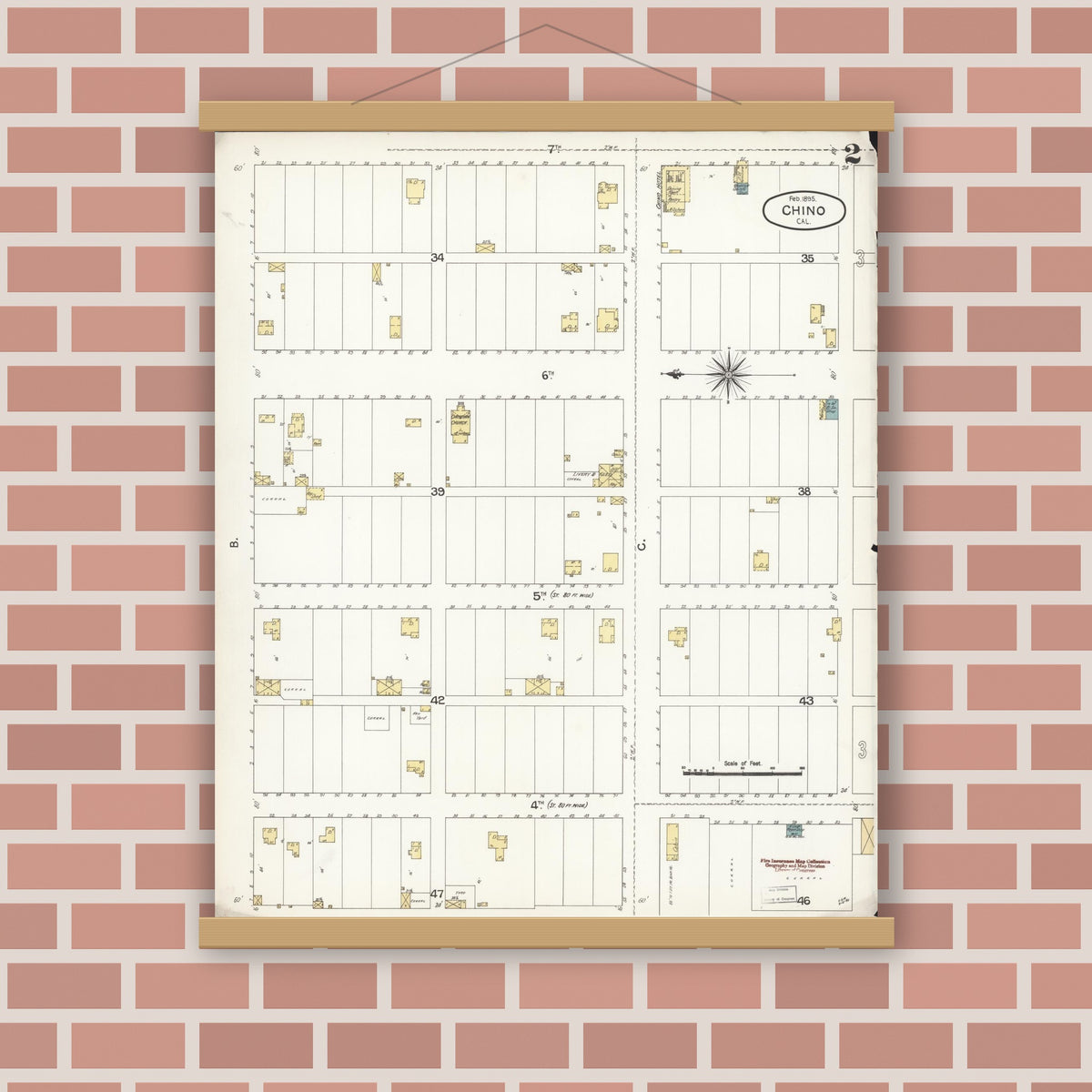 Old map wall art mockup — magnetic wood frame on brick wall — Sanborn Fire Insurance Map from Chino, San Bernardino County, California (1895), Sheet #0002