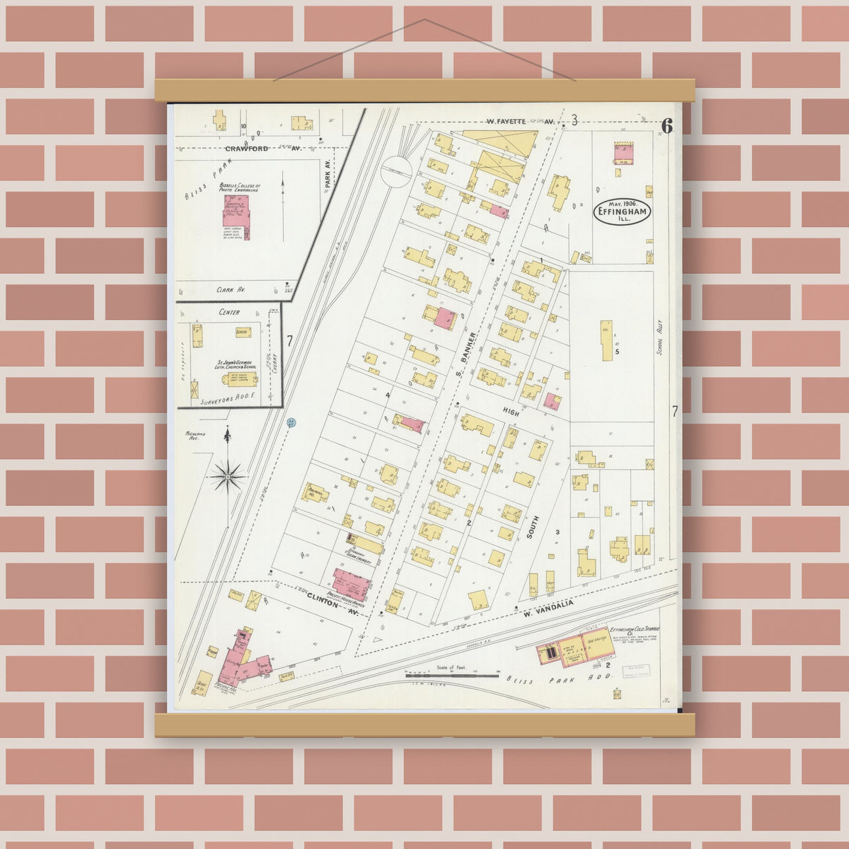 Old map wall art mockup — magnetic wood frame on brick wall — Sanborn Fire Insurance Map from Effingham, Effingham County, Illinois (1906), Sheet #0006