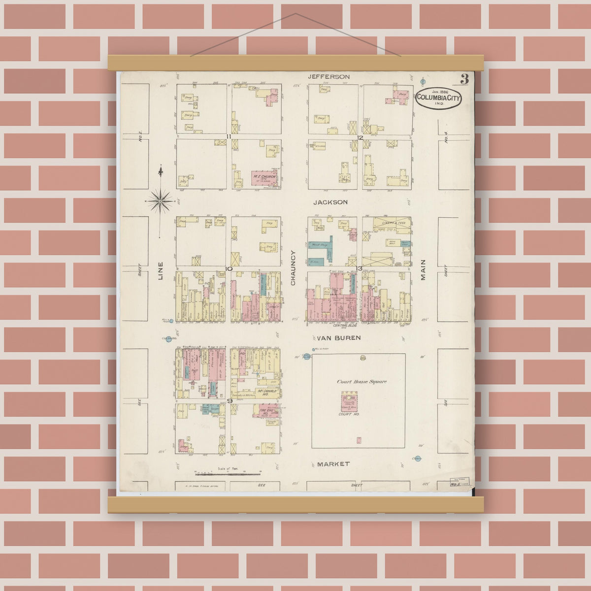 Old map wall art mockup — magnetic wood frame on brick wall — Sanborn Fire Insurance Map from Columbia City, Whitley County, Indiana (1886), Sheet #0003