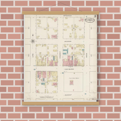 Old map wall art mockup — magnetic wood frame on brick wall — Sanborn Fire Insurance Map from Columbia City, Whitley County, Indiana (1886), Sheet #0003