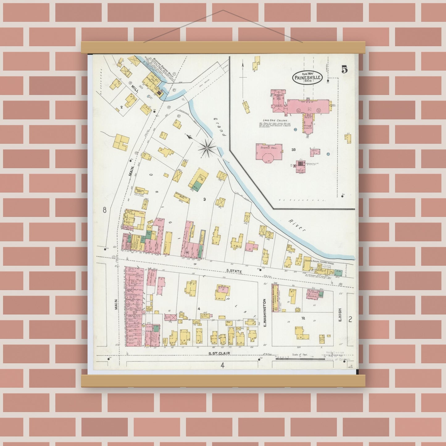 Old map wall art mockup — magnetic wood frame on brick wall — Sanborn Fire Insurance Map from Painesville, Lake County, Ohio (1904), Sheet #0005