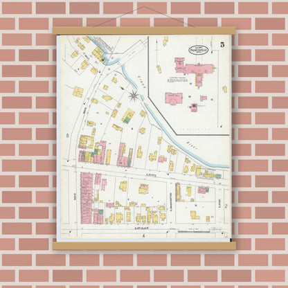 Old map wall art mockup — magnetic wood frame on brick wall — Sanborn Fire Insurance Map from Painesville, Lake County, Ohio (1904), Sheet #0005
