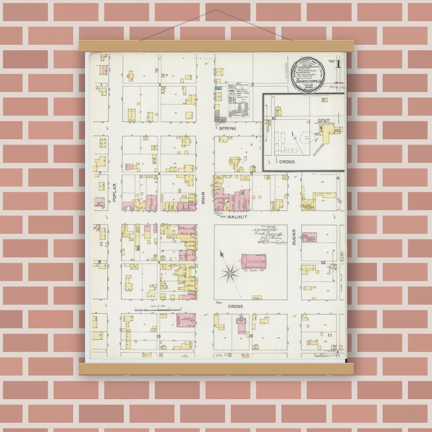 Old map wall art mockup — magnetic wood frame on brick wall — Sanborn Fire Insurance Map from Brownstown, Jackson County, Indiana (1892) - Complete Map Set