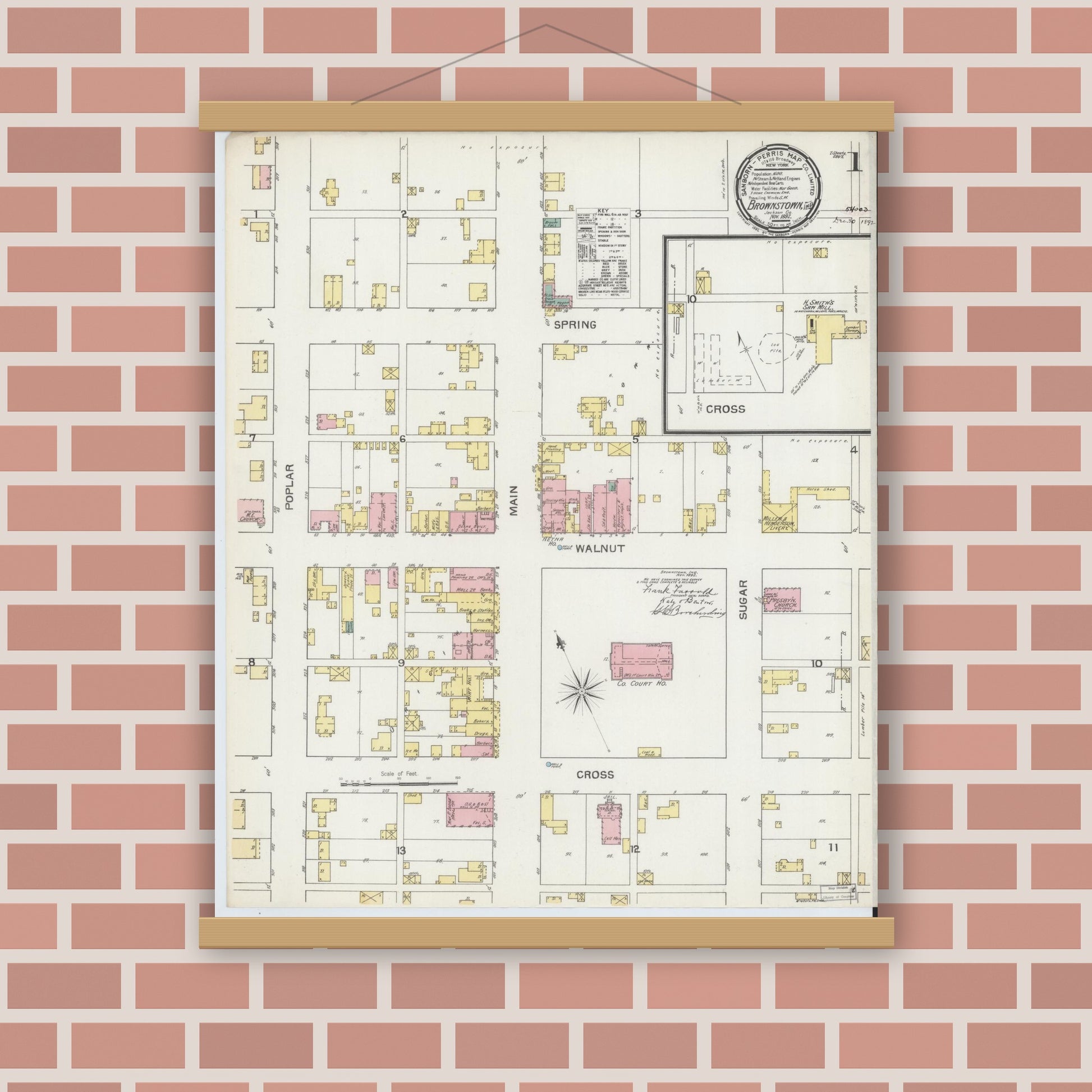 Old map wall art mockup — magnetic wood frame on brick wall — Sanborn Fire Insurance Map from Brownstown, Jackson County, Indiana (1892) - Complete Map Set
