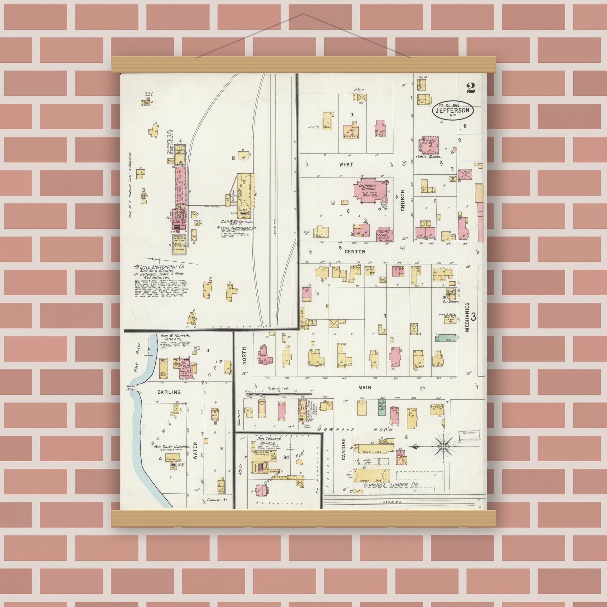 Old map wall art mockup — magnetic wood frame on brick wall — Sanborn Fire Insurance Map from Jefferson, Jefferson County, Wisconsin (1898), Sheet #0002