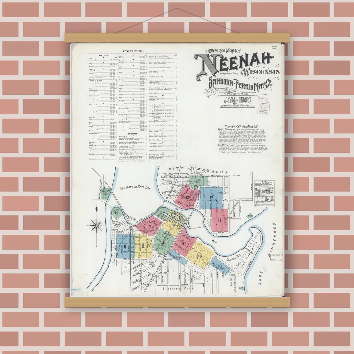 Old map wall art mockup — magnetic wood frame on brick wall — Sanborn Fire Insurance Map from Neenah, Winnebago County, Wisconsin (1900), Sheet #0001