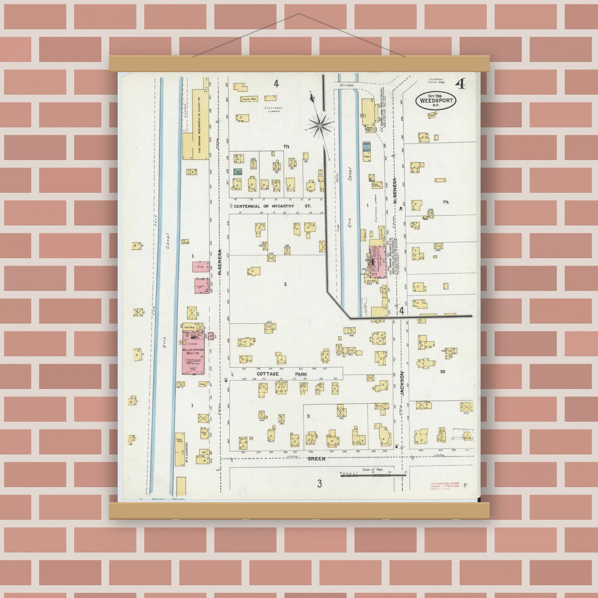 Old map wall art mockup — magnetic wood frame on brick wall — Sanborn Fire Insurance Map from Weedsport, Cayuga County, New York (1906), Sheet #0004
