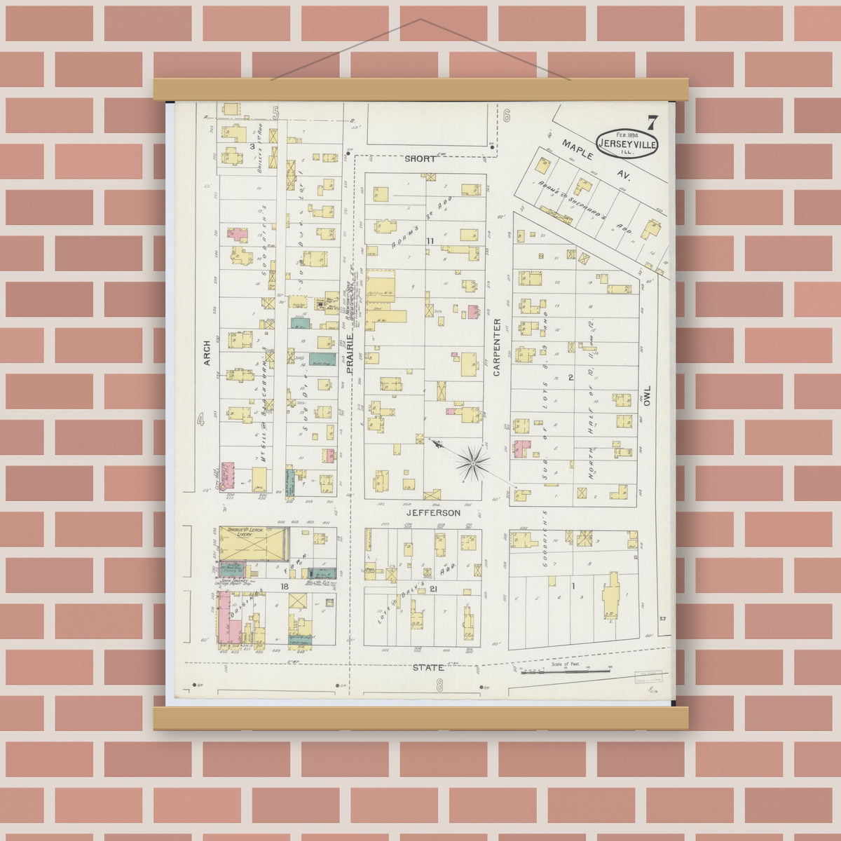 Old map wall art mockup — magnetic wood frame on brick wall — Sanborn Fire Insurance Map from Jerseyville, Jersey County, Illinois (1894), Sheet #0007