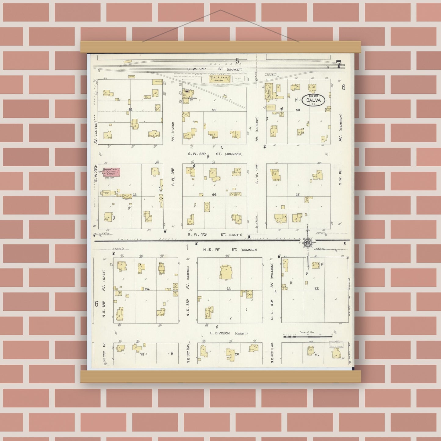 Old map wall art mockup — magnetic wood frame on brick wall — Sanborn Fire Insurance Map from Galva, Henry County, Illinois (1913), Sheet #0007