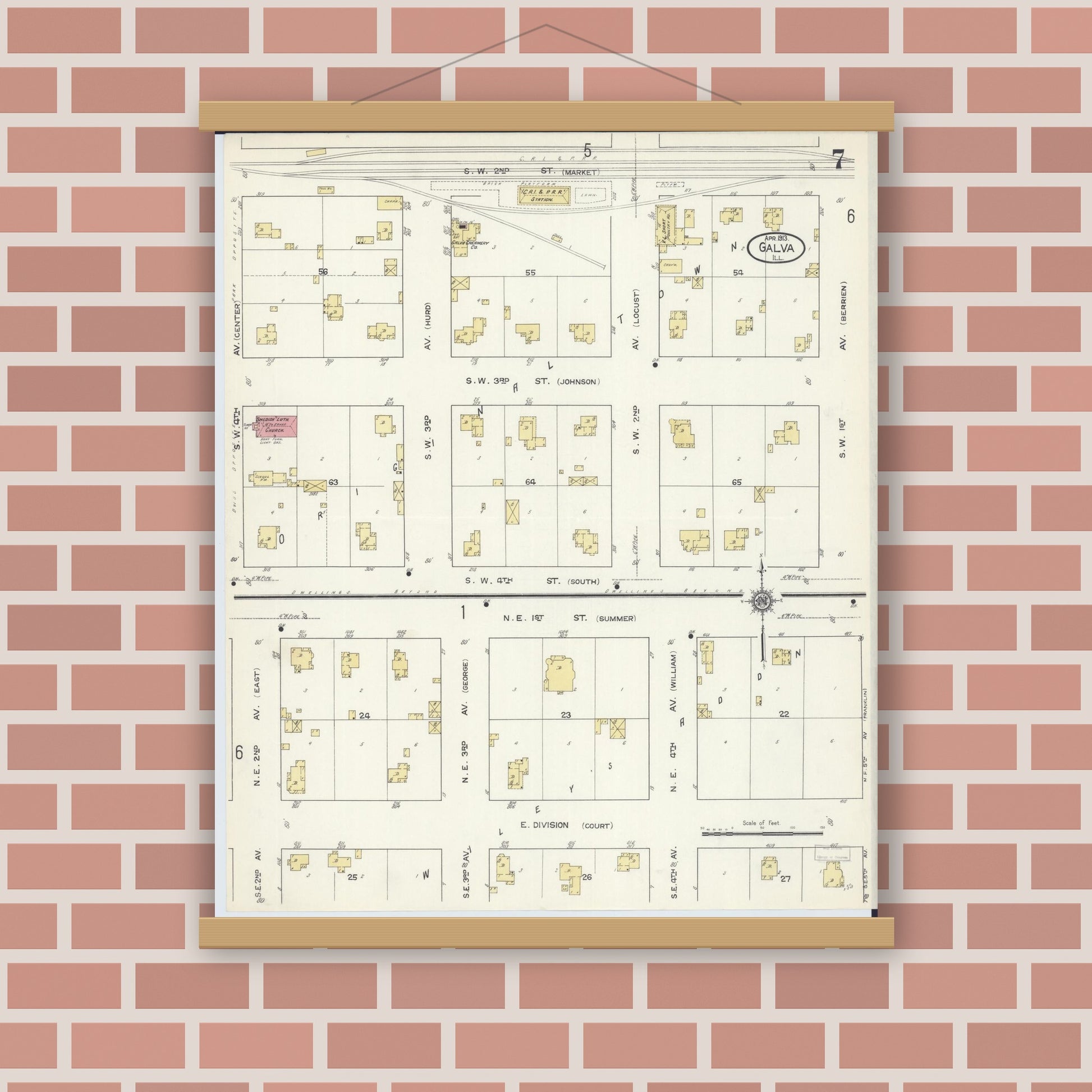 Old map wall art mockup — magnetic wood frame on brick wall — Sanborn Fire Insurance Map from Galva, Henry County, Illinois (1913), Sheet #0007