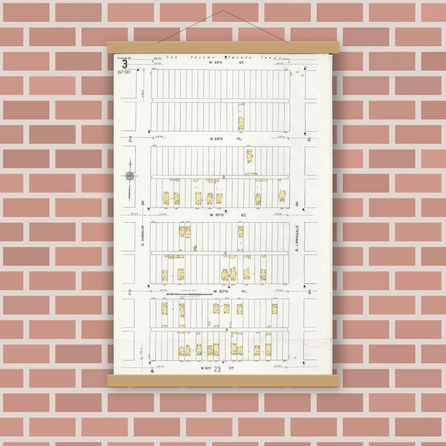 Old map wall art mockup — magnetic wood frame on brick wall — Sanborn Fire Insurance Map from Chicago, Cook County, Illinois (1920), Sheet #0003