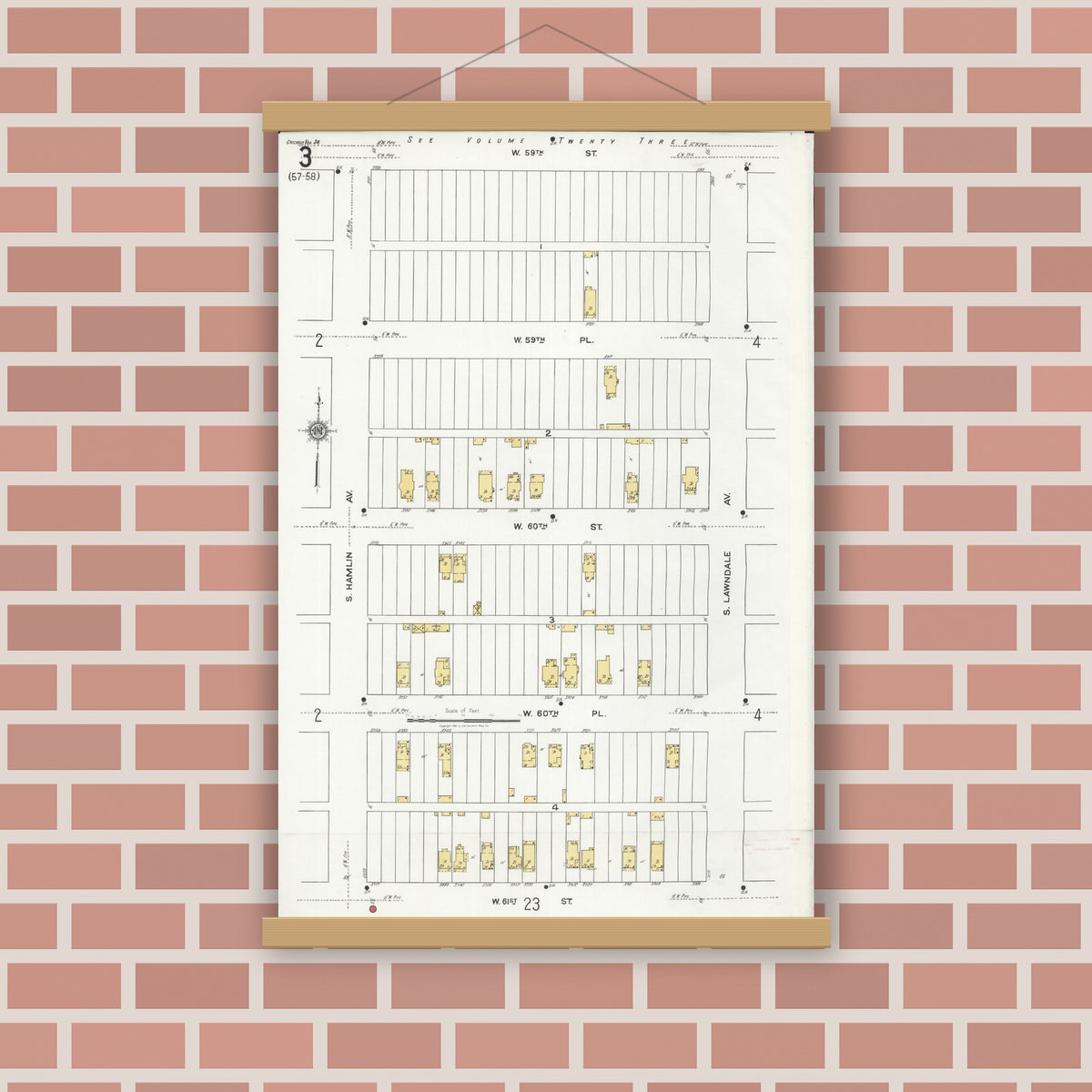 Old map wall art mockup — magnetic wood frame on brick wall — Sanborn Fire Insurance Map from Chicago, Cook County, Illinois (1920), Sheet #0003